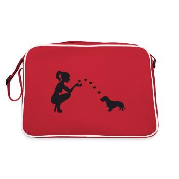 Rauhaardackel mit Frau - Retro Tasche - Rot/Weiß - Hinten