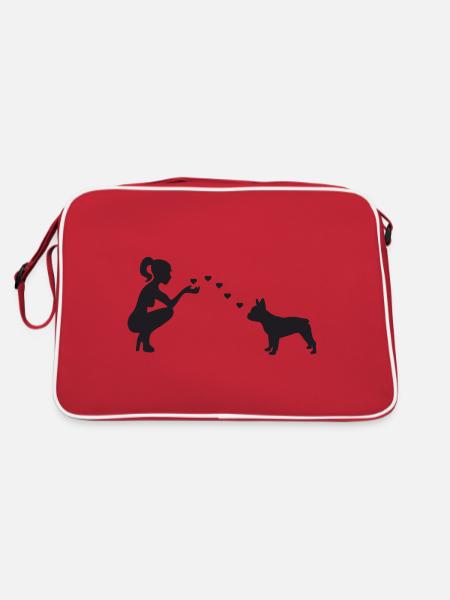 Französische Bulldogge mit Frau - Retro Tasche - Rot/Weiß - Hinten