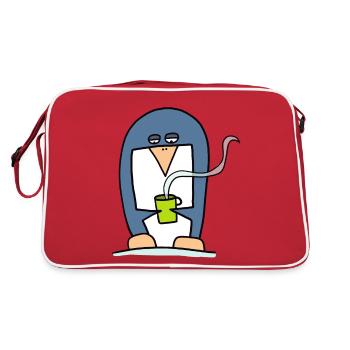 Pinguin trinkt Kaffee - Retro Tasche - Rot/Weiß - Hinten