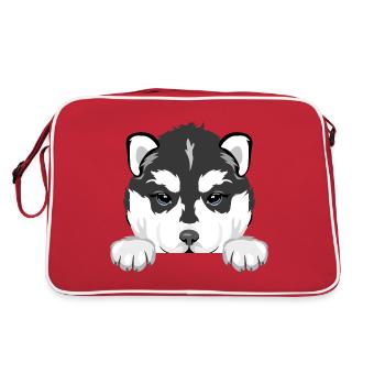 Peeking husky puppy - Retro Bag - red/white - Back