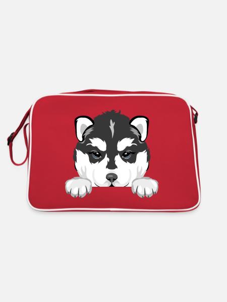 Spähender Husky-Welpe - Retro Tasche - Rot/Weiß - Hinten