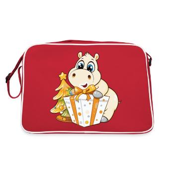 Cute hippopotamus unwrapping gift - Retro Bag - red/white - Back