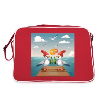 02 Lustige Möwen trinken Flaschen Bier Meer Prost - Retro Tasche - Rot/Weiß - Hinten