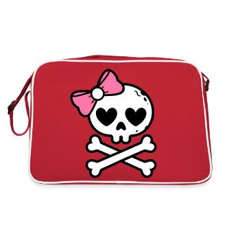 Cute Pink Bow Skull and Crossbones - Retro Bag - red/white - Back