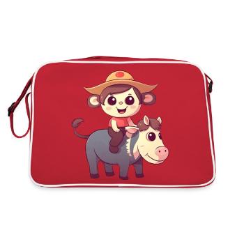 Mädchen, Affe und Kuh, Charmantes Kinderdesign - Retro Tasche - Rot/Weiß - Hinten