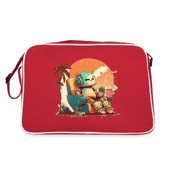 Ein ruhender alter Roboter auf orangefarbenem Hintergrund. - Retro Tasche - Rot/Weiß - Hinten