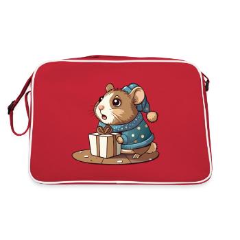 Cute hamster unwraps gift - Retro Bag - red/white - Back
