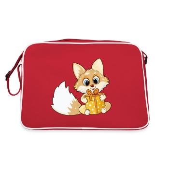 Cute fox unwraps gift - Retro Bag - red/white - Back