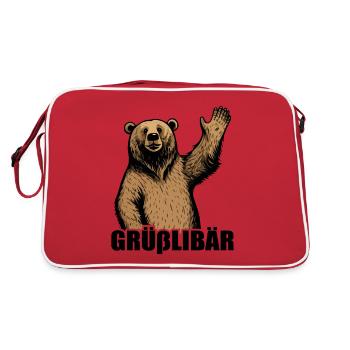 Grüßlibär - Winkender Grizzly Bär mit Wortwitz - Retro Tasche - Rot/Weiß - Hinten