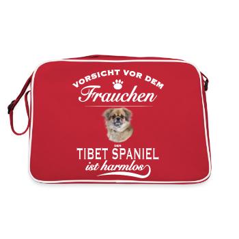 Vorsicht vor dem Frauchen, harmlos - Tibet Spaniel - Retro Tasche - Rot/Weiß - Hinten