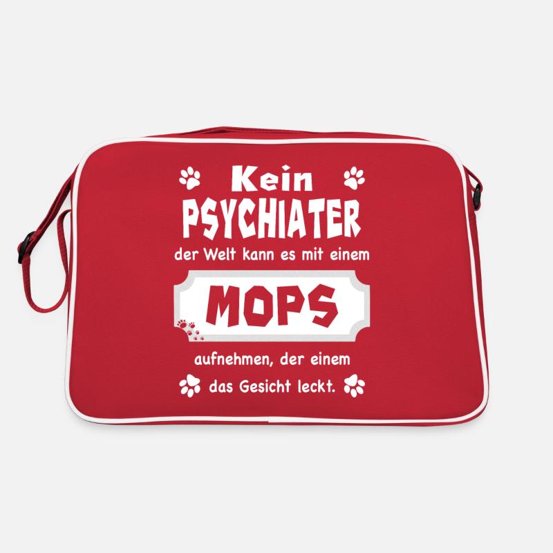 Kein Psychiater - Lustiger Spruch - Mops - Retro Tasche - Rot/Weiß