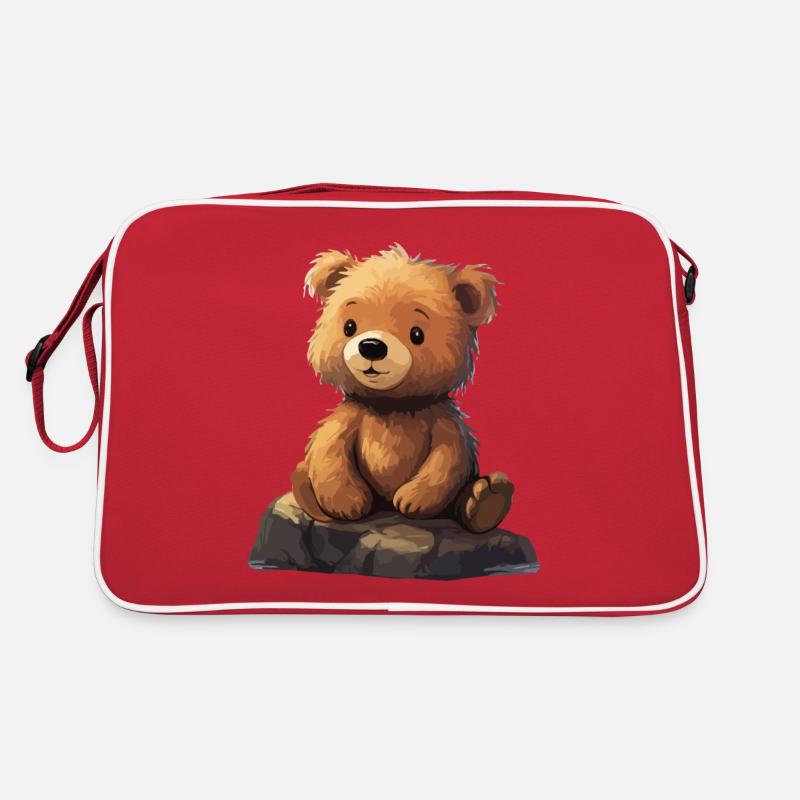 Niedlicher Teddy sitzt auf einem Stein - Retro Tasche - Rot/Weiß