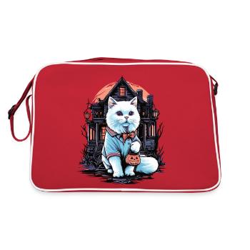 halloween white cat in hoodie with haunted house - Retro Bag - red/white - Back