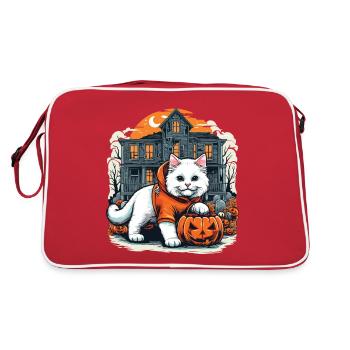 halloween white cat in hoodie with haunted house - Retro Bag - red/white - Back