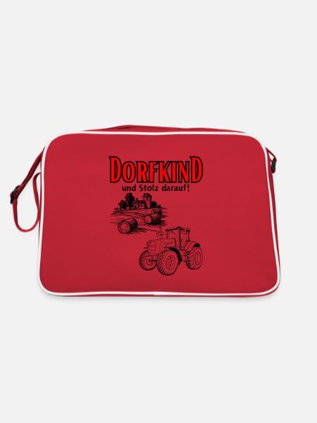 Dorfkind und stolz darauf- Spruch mit Traktor - Retro Tasche - Rot/Weiß - Hinten