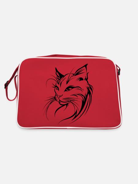 Cat Silhouette Outline Drawing Lineart Art - Retro Bag - red/white - Back