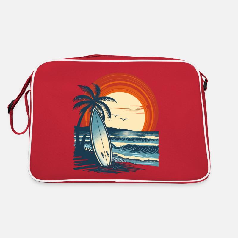Planche de surf sur la plage au coucher du soleil Sac Retro