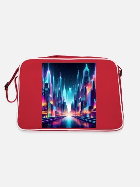 Futuristic Neon Cityscape – Vibrant Cyberpunk Art - Retro Bag - red/white - Back