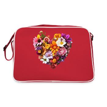 Herz aus bunten Blumen - Üppige Blütenpracht - Retro Tasche - Rot/Weiß - Hinten