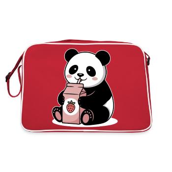 Niedlicher Panda Trinkt Erdbeermilch Japanisch Lustig - Retro Tasche - Rot/Weiß - Hinten