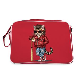 Katze im coolen Baseball-Look mit Vokuhila - Retro Tasche - Rot/Weiß - Hinten