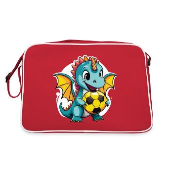01 Baby Drache mit Fußball lustig Kinderbild - Retro Tasche - Rot/Weiß - Hinten