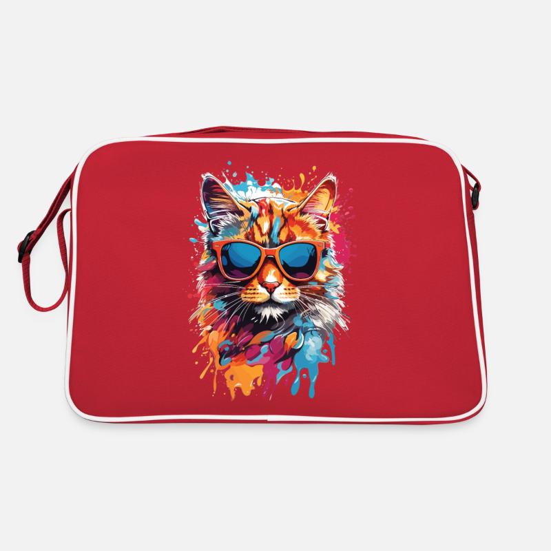Coole Katze mit Sonnenbrille im Graffiti Look bunt - Retro Tasche - Rot/Weiß