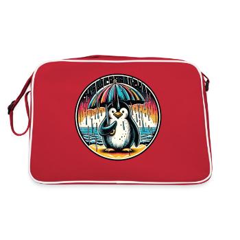 Penguin in the rain with umbrella on the beach - Retro Bag - red/white - Back