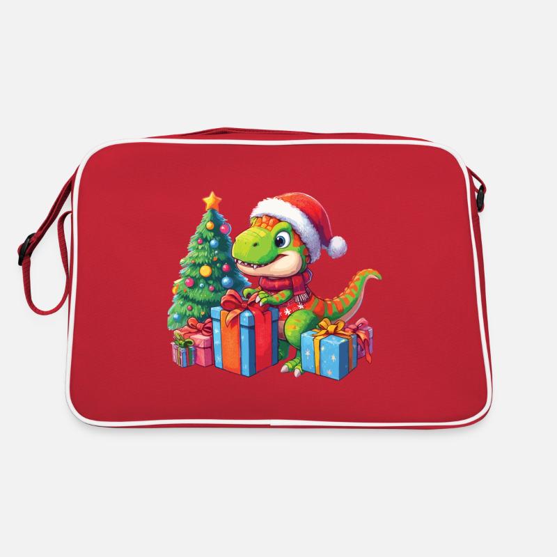 Kleiner T-Rex Dino packt Geschenke aus Retro Tasche