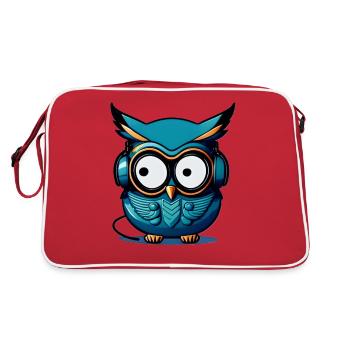 Eule dunkelblau Kopfhörer - Retro Tasche - Rot/Weiß - Hinten