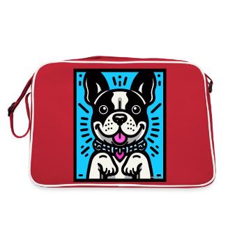 Französische Bulldogge - Blauer Hintergrund - Retro Tasche - Rot/Weiß - Hinten