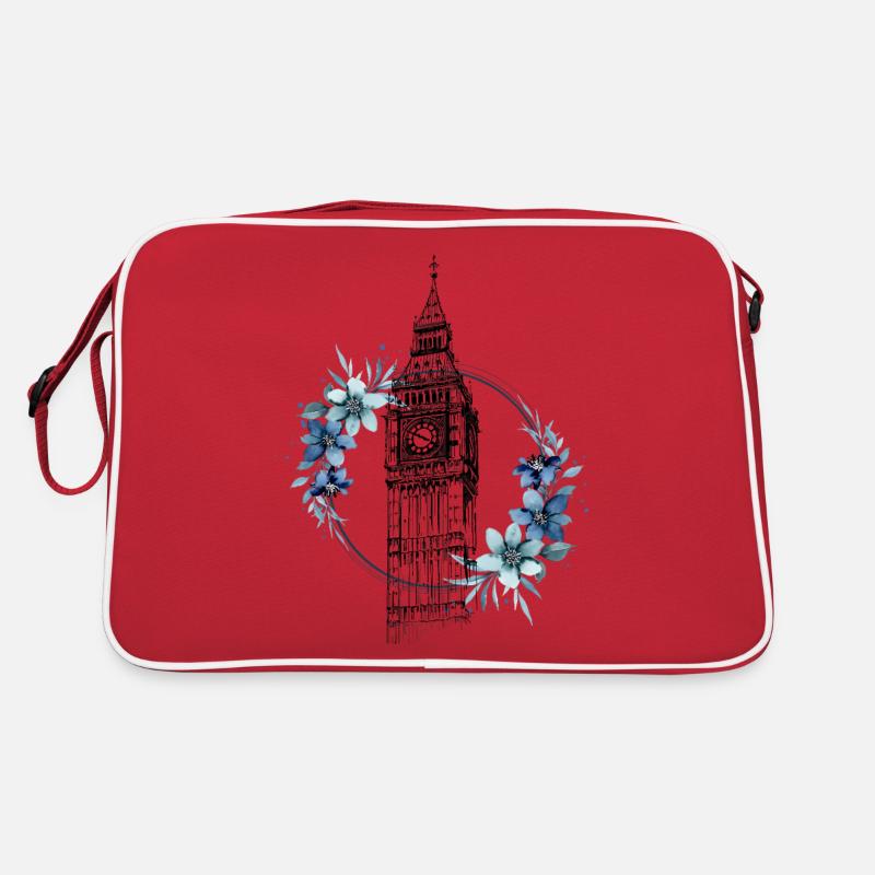 London Big Ben England Blumen Line Art Kunst - Retro Tasche - Rot/Weiß