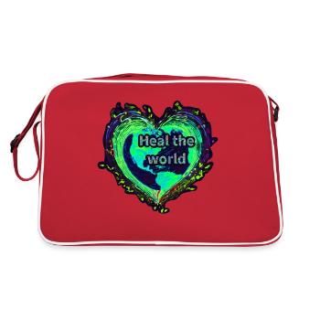 Heile die Welt, Erdkugel in Herzform, Neonlicht - Retro Tasche - Rot/Weiß - Hinten