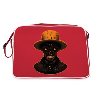 Ein orangefarbener skelettartiger Kopf, der einen Hut trägt - Retro Tasche - Rot/Weiß - Hinten