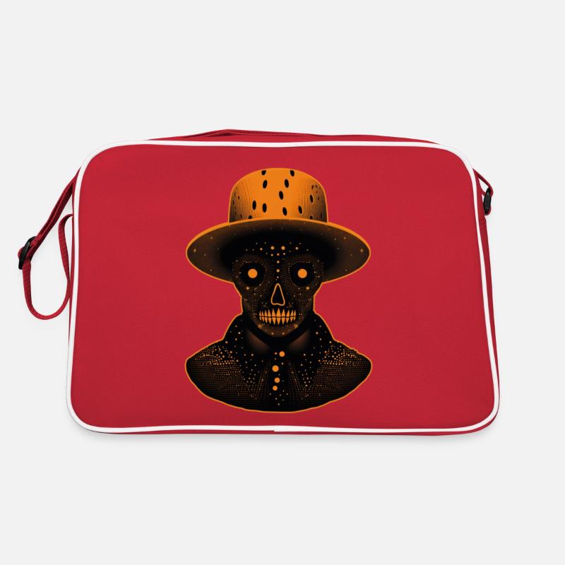 Ein orangefarbener skelettartiger Kopf, der einen Hut trägt Retro Tasche