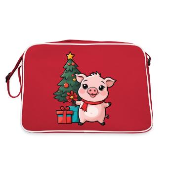 Niedliches Schwein feiert Weihnachten. - Retro Tasche - Rot/Weiß - Hinten