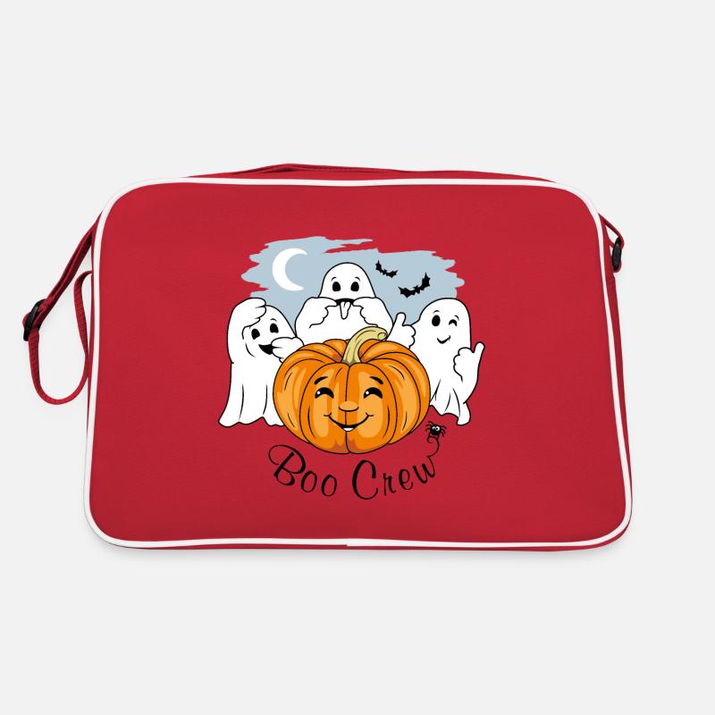 Three funny ghosts and Halloween pumpkin. Boo crew Retro Bag