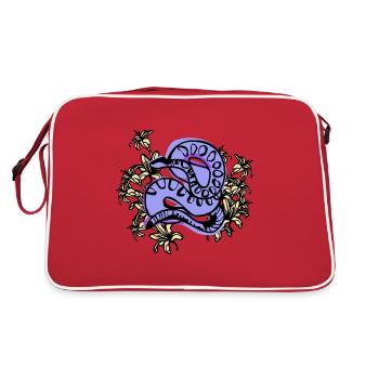 Serpent bleu en fleurs - design animalier - Sac Retro - rouge/blanc - Dos
