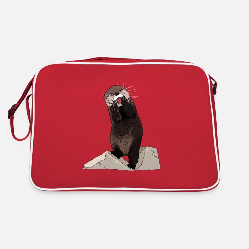 Süßer Otter mit Stein und Fisch Geschenkidee - Retro Tasche - Rot/Weiß
