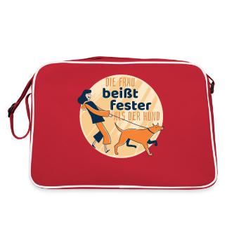 Die Frau Beißt Fester Als Der Hund Lustige Sprüche - Retro Tasche - Rot/Weiß - Hinten