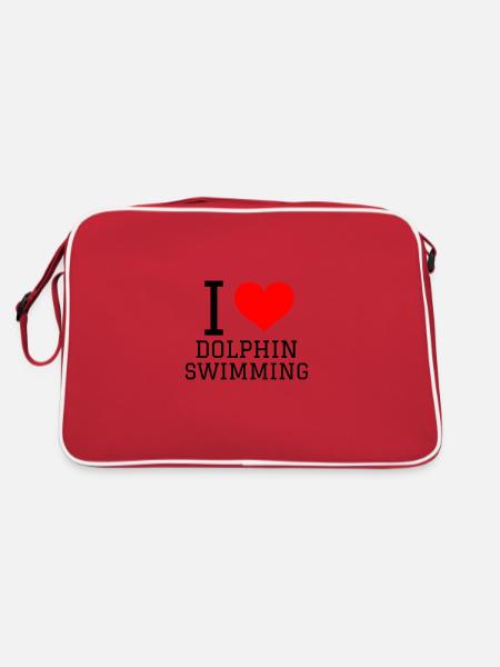 Schwimmen Spruch Lustig I Love Dolphin Swimming - Retro Tasche - Rot/Weiß - Hinten