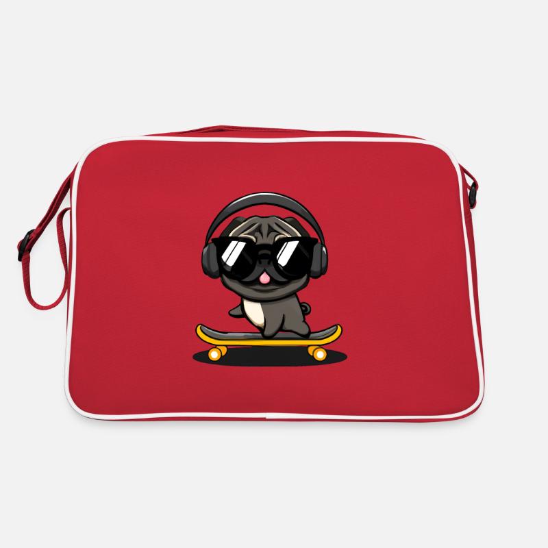 Design mit einem Mops-Hund, der auf einem Retro Tasche