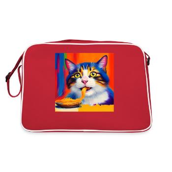 Katze isst Spaghetti Ölgemälde - Retro Tasche - Rot/Weiß - Hinten