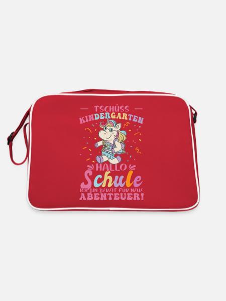 Tschüss Kindergarten Einhorn - Retro Tasche - Rot/Weiß - Hinten