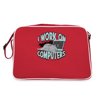 I WORK ON COMPUTERS - Cat and Computers - Tech - Retro Bag - red/white - Back