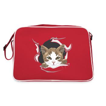 Un chat heureux jette un coup d’œil à travers du papier déchiré - Sac Retro - rouge/blanc - Dos
