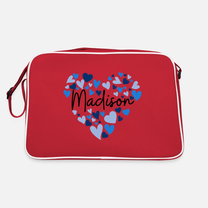 Madison Name Design con cuori blu a forma di cuore - Borsa retrò - rosso/bianco