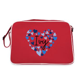 Efeu Name Design mit herzförmigen blauen Herzen - Retro Tasche - Rot/Weiß - Hinten
