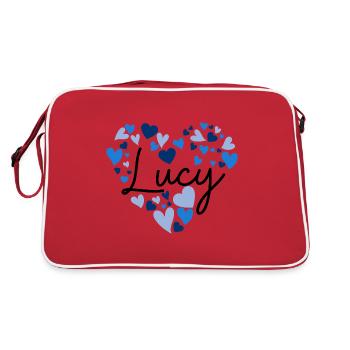 lucy Name Design with Heart-Shaped blue Hearts - Retro Bag - red/white - Back