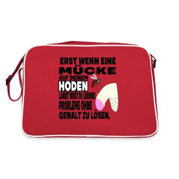Hoden Eier Mücke Stich Gewalt Problem Spruch - Retro Tasche - Rot/Weiß - Hinten